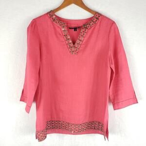 Lafayette 148 Women M Beaded Coral Linen V-Neck Tunic Kurta 3/4 Sleeve Side Slit